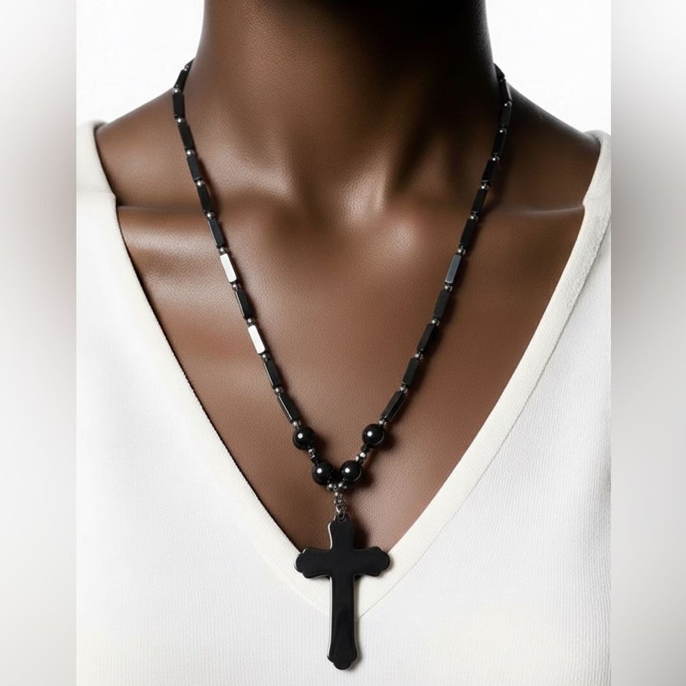 Hematite cross necklace and earring set ￼